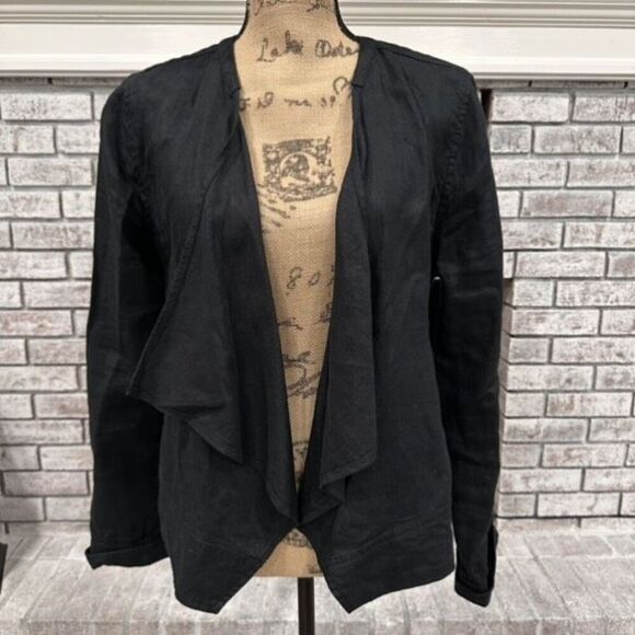 Garnet Hill black linen open drape front cardigan medium size 10 Minimalist - Picture 2 of 10